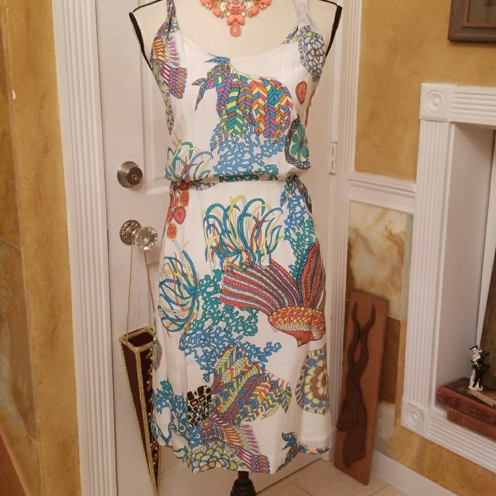 Trina Turk White Tropical Print Midi Dress with Teal, Coral, Yellow and Navy